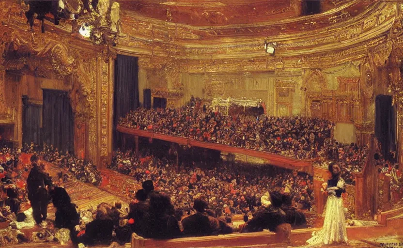 Image similar to high quality high detail painting by ilya repin, establishing shot of a theater show, hd