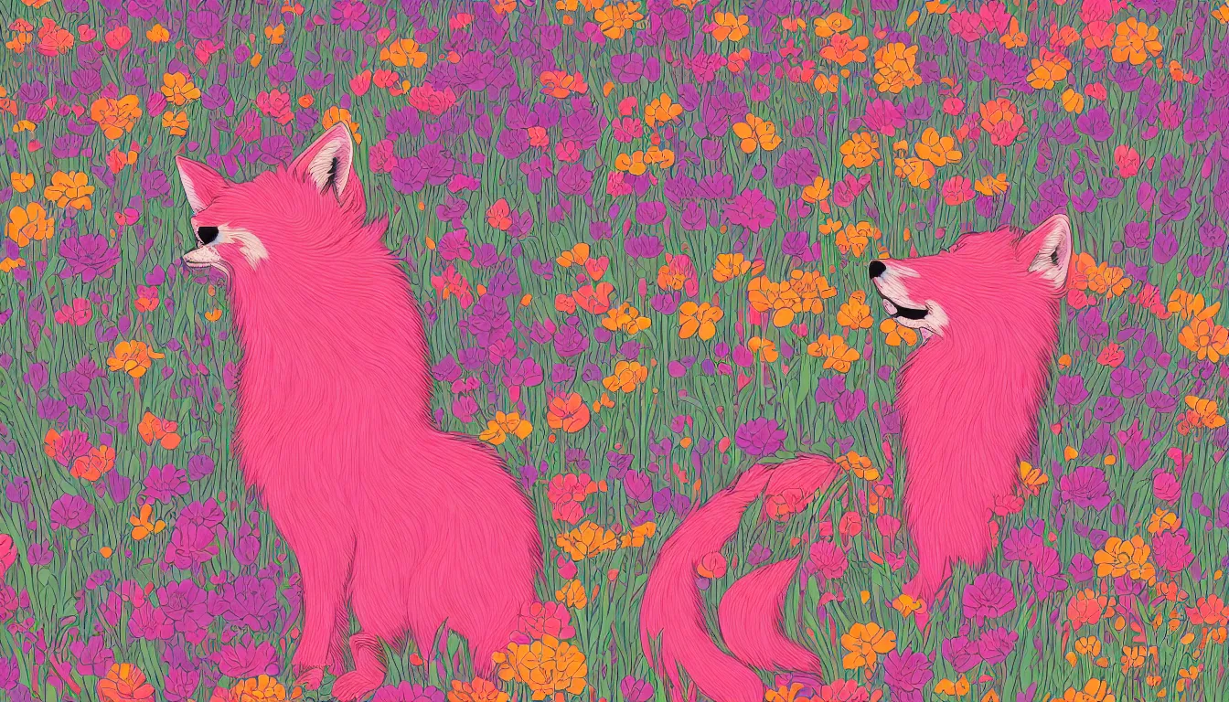 Image similar to pink fox head popping out of a field of multi colored flowers by kilian eng