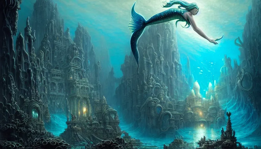 Image similar to a graceful mermaid looking at the sunken city of Atlantis deep under water, stunning undersea intricate detailed grand architecture in the style of Joe Fenton, art style by Greg Rutkowski and Mohrbacher, deep underwater scene, dark and moody, rays of sunlight, faint volumetric god rays, grim crushing atmosphere, trending on artstation, masterpiece, claustrophobic, 8k octane beautifully detailed render, post-processing, extremely hyperdetailed, intricate, epic composition, grim yet sparkling atmosphere, cinematic lighting + masterpiece, trending on artstation, very detailed