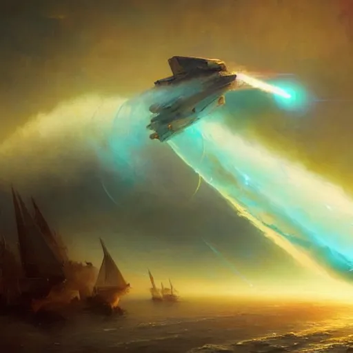 Image similar to ''cinematic shot of an spaceship being hit by a rocket and has to evacuate from the ship made by ivan aivazovsky, peter mohrbacher, greg rutkowski volumetric light effect broad light oil painting painting fantasy art style sci - fi art style realism premium prints available artwork unreal engine