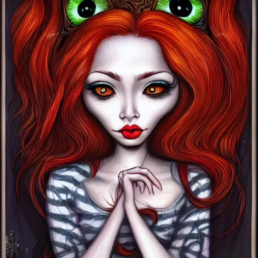 Prompt: Portrait of a beautiful Woman with red hair, eyes made of spiders by Tim Shumate by Chris Mars