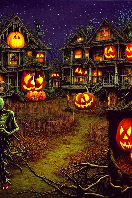 Image similar to a hyperrealistic painting of a haunted autumn night village with halloween decorations invasion, by chris cunningham and richard corben, highly detailed, vivid color,