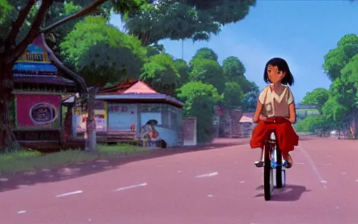 Image similar to a young girl riding a bike in a small town, 1970s philippines, art by hayao miyazaki, studio ghibli film, hi res, 4k