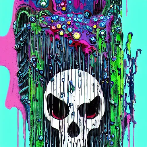 Image similar to drippy, dripping paint, skull, trippy, glitch, miyazaki style, exaggerated accents