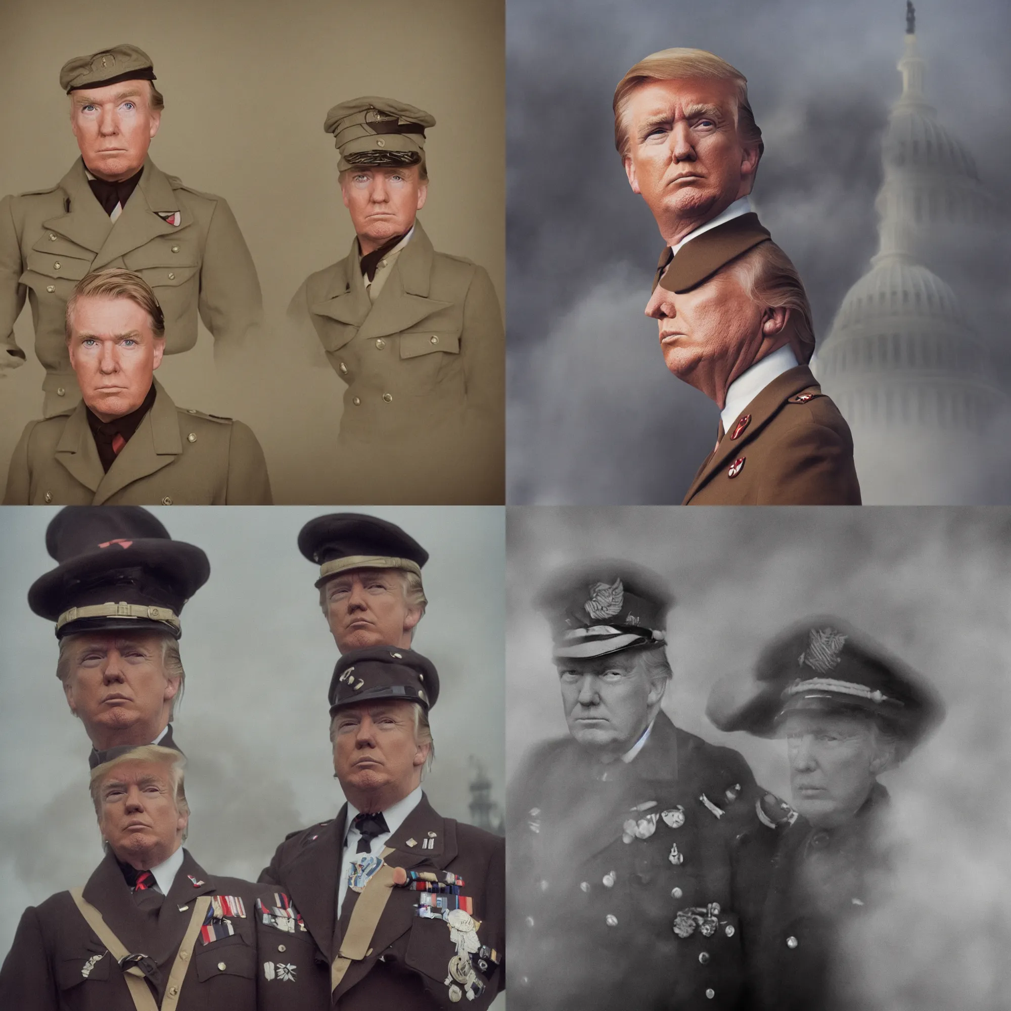 Prompt: solo portrait photograph of Donald Trump wearing brown german Reichsführer WWII outfit, off-camera flash, canon 35mm lens, f2 aperture, color Ektachrome photograph, blurred background is of united states capitol building on fire, light fog, hdr detail, realistic skin pores, evening lighting