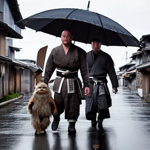 Image similar to keanue reeves wearing samurai armor walks in a street in a japanese village from 19th century in a star wars style, a x-wing is flying in the sky, rainy day, highly detailed, very highly detailed, 4k, photorealistic