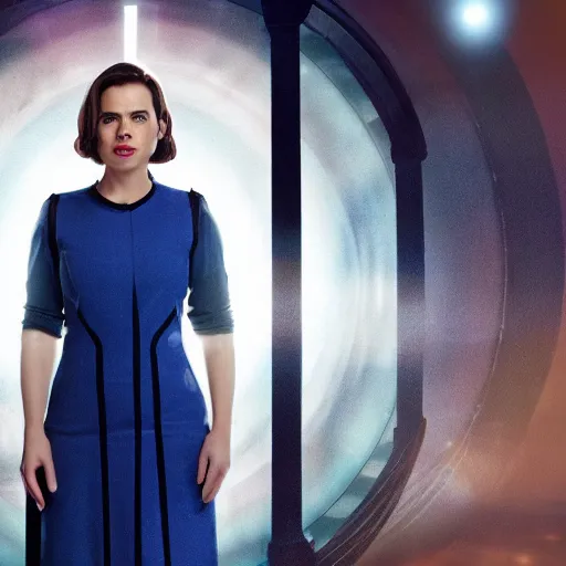 Prompt: a beautiful full body photograph of hayley atwell dressed as doctor who, time vortex in the background, symmetrical face, extreme realism and detail, 8 k, completely framed, direct lighting, 3 5 mm photo, photorealistic, sharp focus