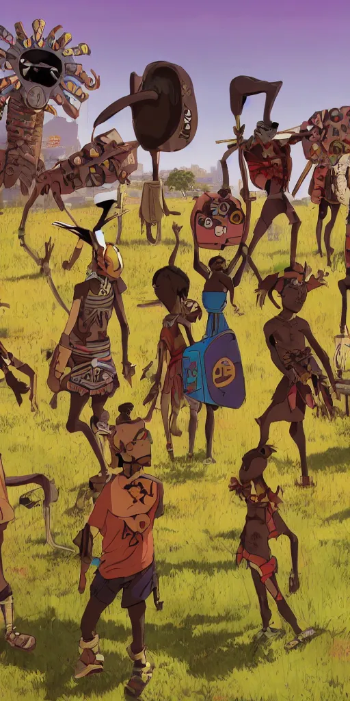 Prompt: a film still for a Sony Pictures animated movie, four kids wearing African tribal masks with graffiti war paint stand together in an open field in the middle of the city ready for battle, video game character design , fan art behance hd, medium shot, waist up, studio Ghibli, Pixar and Disney animation, sharp, Rendered in Unreal Engine 5, anime key art by Greg Rutkowski, Bloom, dramatic sunset lighting