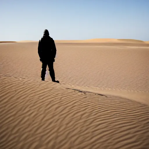 Prompt: Stilgar gazing at Sietch Tabr, from Dune 2021, XF IQ4, f/1.4, ISO 200, 1/160s, 8K, RAW, unedited, symmetrical balance, in-frame