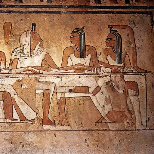 Image similar to on an old stone tomb wall, symbolic ancient Egyptian hieroglyphics depicting The Last Supper by Leonardo Da Vinci