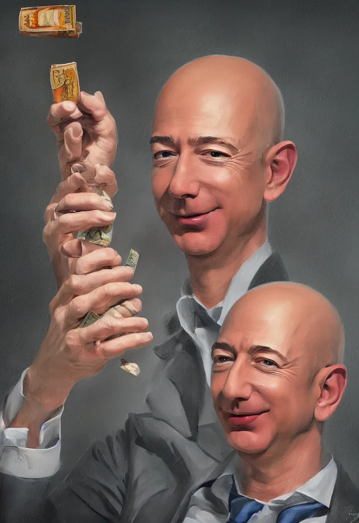 Image similar to a painting of a portrait of jeff bezos lighting a big cigar, dollar bills as back ground, by dave rapoza and kekai kotaki, 4 k, 1 6 k, trending on art station, octane render, high quality