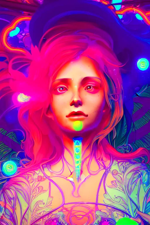 Image similar to a gorgeous woman surrounded by colorful liquid clouds and neon smoke, extremely detailed, super psychedelic experience, psilocybin, dmt, lsd, face, highly detailed, artstation, alphonse mucha, hana yata, and artem demura and beeple, octane render, unreal engine, 8 k