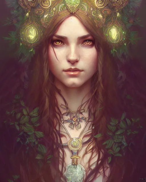 Prompt: beautiful female druid, portrait, fantasy, young, detailed, sketch, intricate, leaves and simple cloth, dynamic lighting, digital art, digital painting, artstation, wlop, sharp focus, illustration, art by artgerm and greg rutkowski and alphonse mucha, 8 k