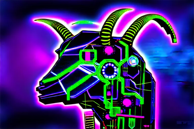 Image similar to complex cyberpunk machine background merged with evil cybernetic goat head in center focus, multicolored digital art