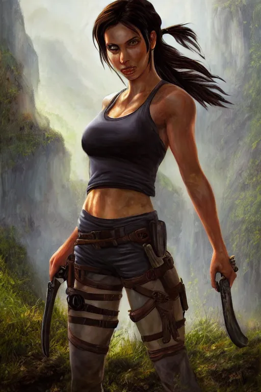 Image similar to a full body high detail fantasy portrait oil painting illustration of lara croft by justin sweet with face and body clearly visible, in a scenic background, pretty eyes, realistic proportions, d & d, rpg, forgotten realms, artstation trending, high quality, sombre mood, artstation trending, muted colours, entire person visible!