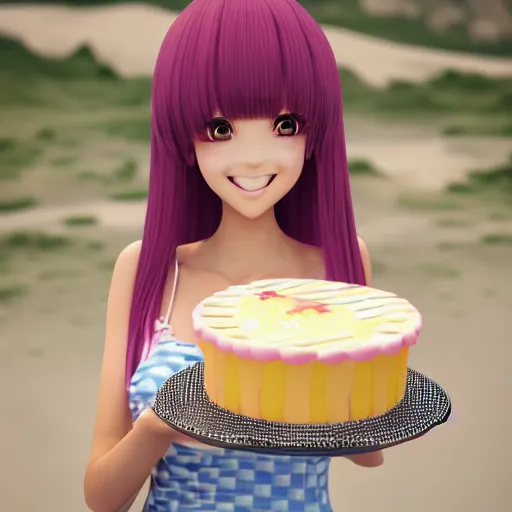 Image similar to Render of a beautiful 3d anime woman holding a birthday cake to show the camera, long light pink hair, full bangs, hazel eyes, cute freckles, full round face, proud smile, Chinese heritage, cute checkerboard sundress, golden hour, serene beach setting, medium shot, mid-shot, hyperdetailed, trending on Artstation, Unreal Engine 4k