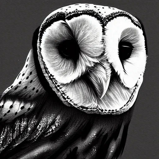 Image similar to a barn owl, digital art, stylized, dripping paint, black and white, concept art, painting