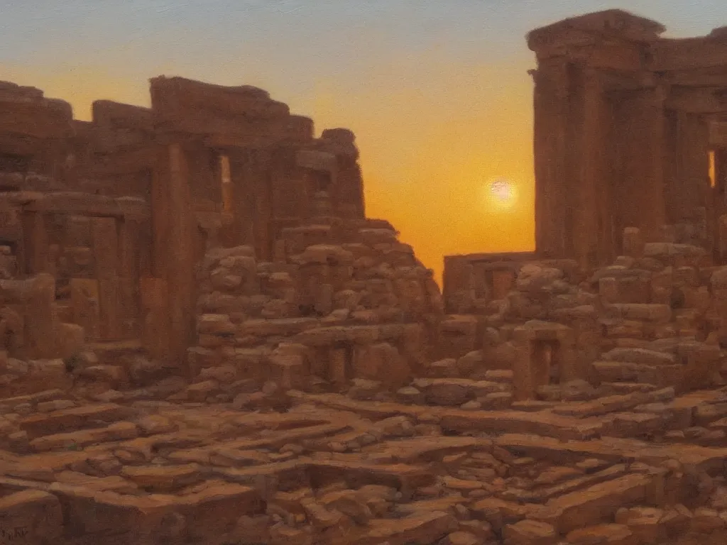 Prompt: trending on artstation, a beautiful Sumerian ruins during sunset, oil on canvas