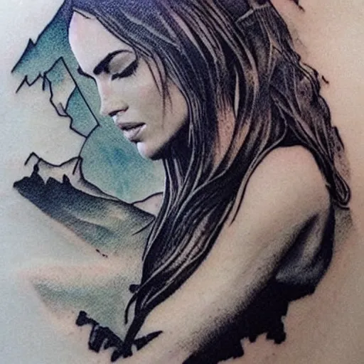 Image similar to megan fox as beautiful mountains, double exposure effect, medium sized tattoo sketch, amazing detail, on pinterest