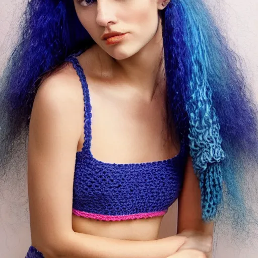 Image similar to A photo of a caucasian female model with blue hair wearing a crocheted croptop