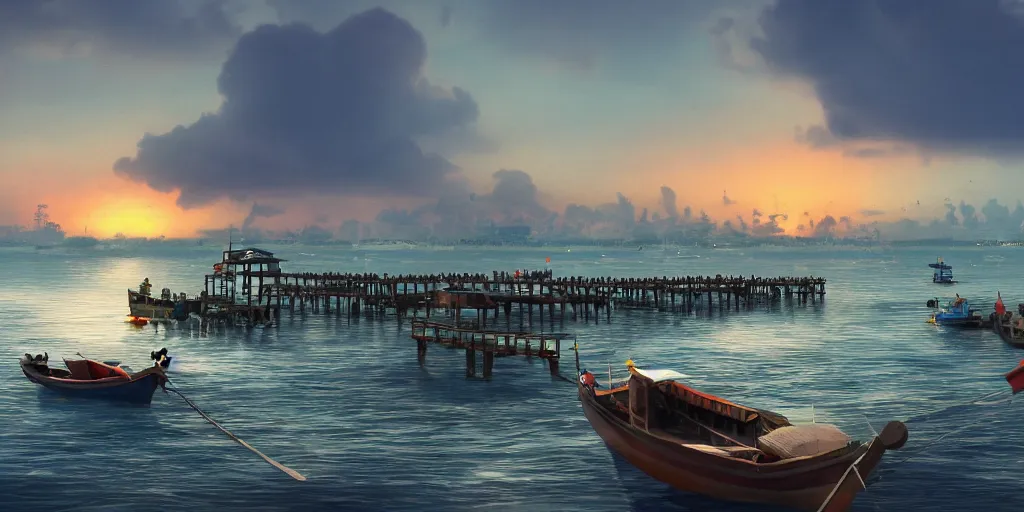 Image similar to pulau indah jetty fishing town in the morning, detailed matte painting, telephoto lens, bokeh, studio ghibli, artstation