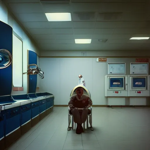 Image similar to a beautiful photo of an astronaut waiting in a laundromat, 1970', soft light, photorealistic, realistic, octane, 8k, cinematic shot