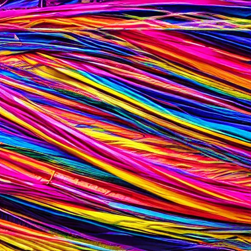 Prompt: millions of thin twisted ribbons of colorful fabric unravel chaotically in strong winds across a dark night sky, unreal engine