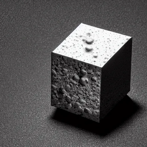 Prompt: 3 d floating cube made of reflective material with lichen growing on it, angled, high contrast, black background