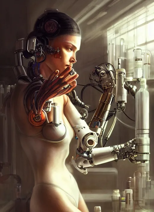 Prompt: Ultra realistic cyborg extreme beautiful woman in a chemical laboratory, cyberpunk,sci-fi, fantasy,Kodak , soft light, volumetric lighting, ,night, fog , intricate, elegant, highly detailed, digital painting, artstation, concept art, smooth, sharp focus, illustration,art by artgerm and greg rutkowski and alphonse mucha