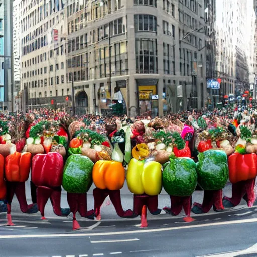 Image similar to a parade of stuffed fruits and vegetables marching down 5 th ave manhattan on st. patrick's day, 8 k, photo realistic, extremely life like