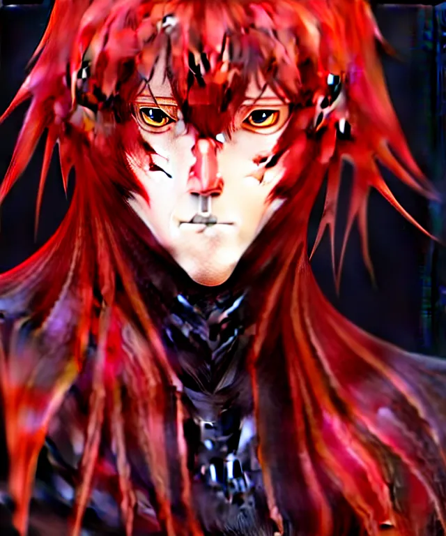 Image similar to award winning portrait of a male anthropomorphic anime black wolf long red hair. artstation, artistic lighting, highly detailed, photorealistic, fantasy