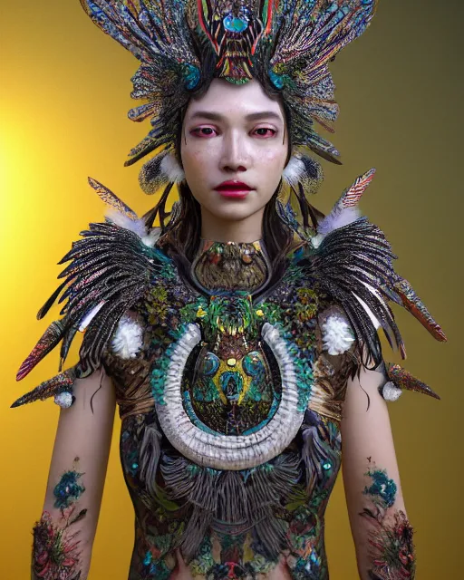 Image similar to 3 d warrior goddess medium shot portrait. beautiful hyperrealistic intricate highly detailed magpie helm and richly embroidered blouse, quetzalcoatl, bioluminescent, curious, kintsugi, plasma, lava, ice, feather, artwork by tooth wu and wlop and chiara bautista, octane 3 d render