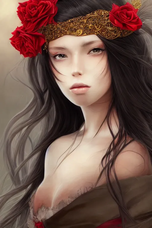 Image similar to high quality digital portrait of woman with long black hair, red eyes, red headband, golden roses in hair, anime, face, fantasy, intricate, elegant, highly detailed, digital painting, concept art, smooth, sharp focus, illustration, art by hiromu arakawa, krenz cushart, sui ishida, trending on artstation