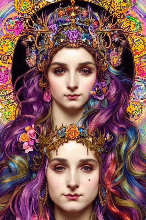 Image similar to a portrait of the lisa frank leopard print rainbow goddess from walmart, intricate, gothic, highly detailed, digital painting, crown of skulls, artstation, smooth, sharp focus, illustration, art by artgerm and greg rutkowski and alphonse mucha and william - adolphe bouguereau