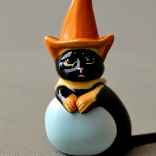 Prompt: a ceramic figure of a retro kitten wearing a witch hat and riding a broom