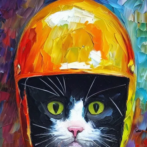 Image similar to palette knife oil painting of a cat wearing a helmet
