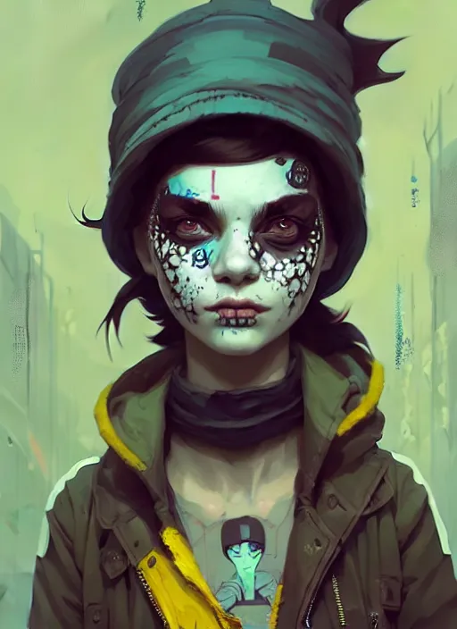 Image similar to highly detailed portrait of a sewer punk young lady with white graffiti face paint by atey ghailan, james gilleard, by joe fenton, by greg rutkowski, by greg tocchini, by kaethe butcher, 4 k resolution, gradient yellow, black, brown and cyan color scheme, grunge aesthetic!!! ( ( dystopian graffiti tag wall in background ) )