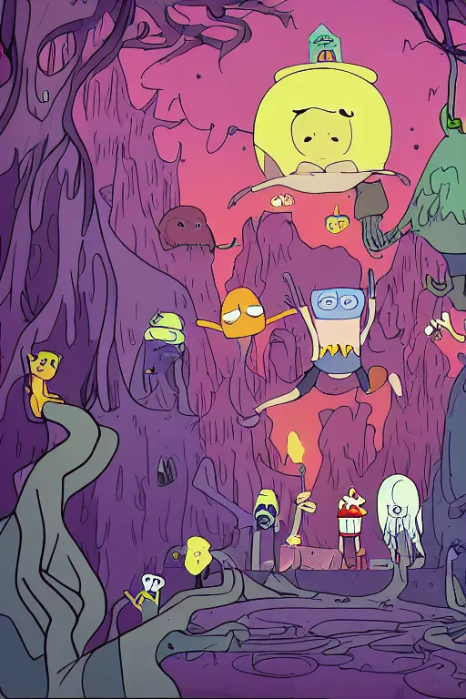 Image similar to Artwork in style of Adventure Time of the cinematic view of the Ghastly Forest of Insanity.