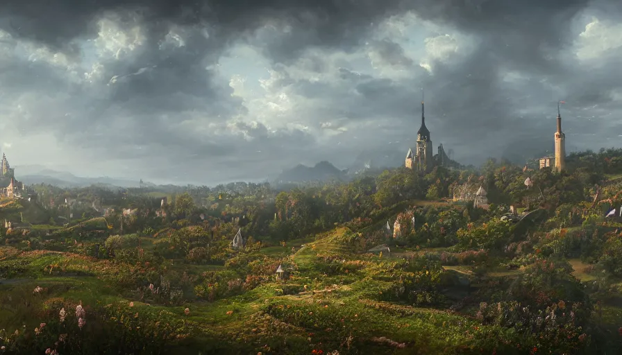 Prompt: landscape painting drone shot of a distant flower hill, behind it a distant old german city, fantasy, intricate, elegant, highly detailed, digital painting, artstation, blender, unreal engine 5, octane render, smooth, sharp focus, illustration, by greg rutkowski