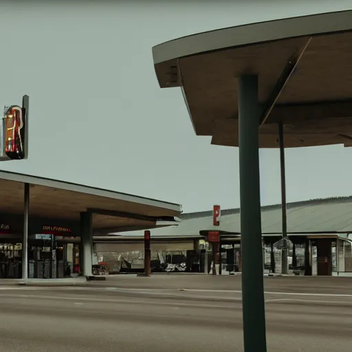 Image similar to cinematic still screenshot of the port byron travel plaza, shot by saul leiter, camera height 7 feet, moody cinematography, 2 4 mm anamorphic lens