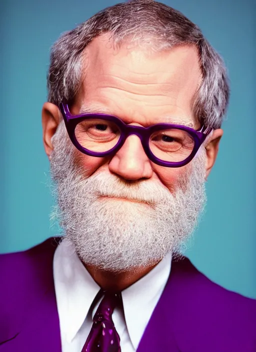 Prompt: platon closeup photograph of david letterman in a purple suit, photorealistic, studio lighting, ektachrome, detailed, intricate, face detail