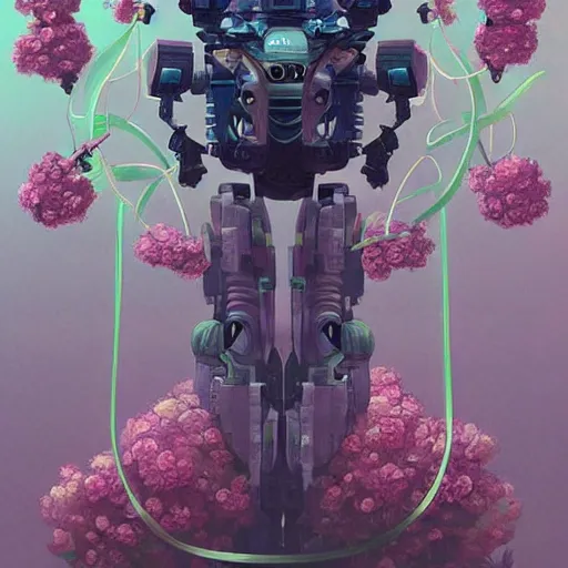 Image similar to vfx art of mecha robot wrapped in flowers & vines, art by hsiao - ron cheng & james jean, colourful, sharp, detailed, digital painting, illustration, illustration, highly detailed, intricate detail, pinterest, behance, art station,