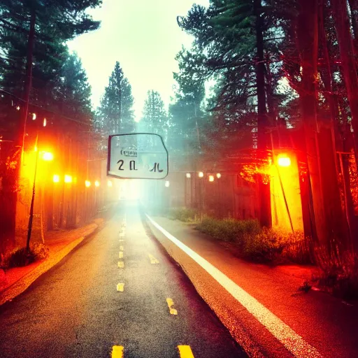 Prompt: photo a road surrounded by pine trees, wooden buildings with neon signs on sides of roads, old fashioned street lamps lining the road, beautiful photography, volumetric lighting, flickr, artstation, 8 k, moody lighting