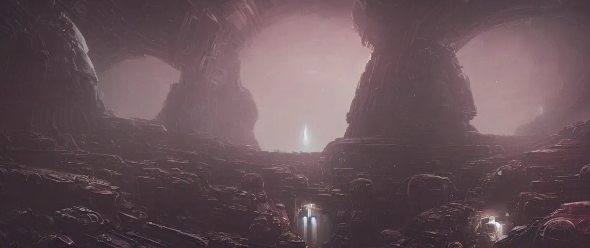 Image similar to Halls of Space by Ben Wanat; illustration, deep space exploration, the expanse tv series, industrial design, space travel, intergalactic, atmospheric, cinematic lighting, 4k, greebles, widescreen, wide angle, beksinski, sharp and blocky shapes, simon stalenhag palette