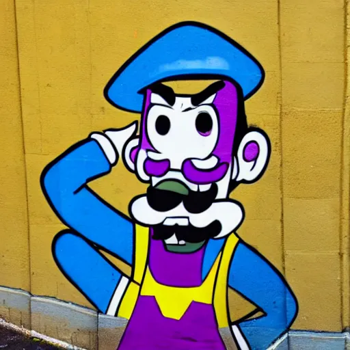 Image similar to waluigi crying, graffiti, photo