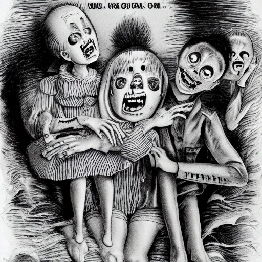 Image similar to Children's cartoon but its incredibly scary, meant to traumatize them, Junji Ito and Laurie Lipton