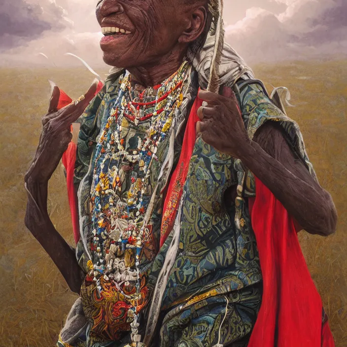 Image similar to a painting of a wise elder from Kenya by Kehinde Wiley . dramatic angle, ethereal lights, details, smooth, sharp focus, illustration, realistic, cinematic, artstation, award winning, rgb , unreal engine, octane render, cinematic light, macro, depth of field, blur, red light and clouds from the back, highly detailed epic cinematic concept art CG render made in Maya, Blender and Photoshop, octane render, excellent composition, dynamic dramatic cinematic lighting, aesthetic, very inspirational, arthouse.