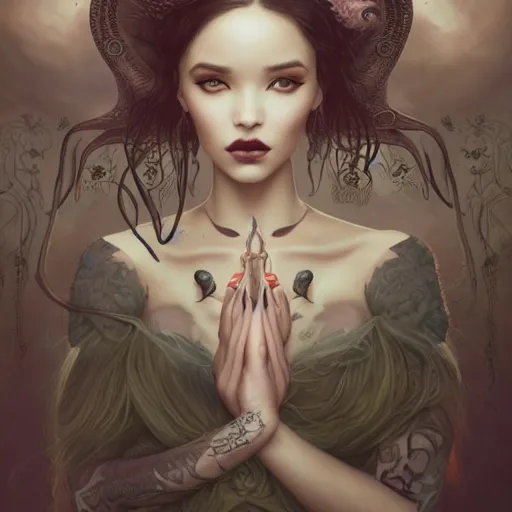 Image similar to tom bagshaw, curiosities in lovecraftian world, beautiful asian mix of dove cameron madison beer bella poarch cthulhu in a full dress, gothic makeup, professionally retouched, focus eyes, ultra realistic soft painting, insanely detailed linework, symmetrical accurate intricate features, behance, 8 k
