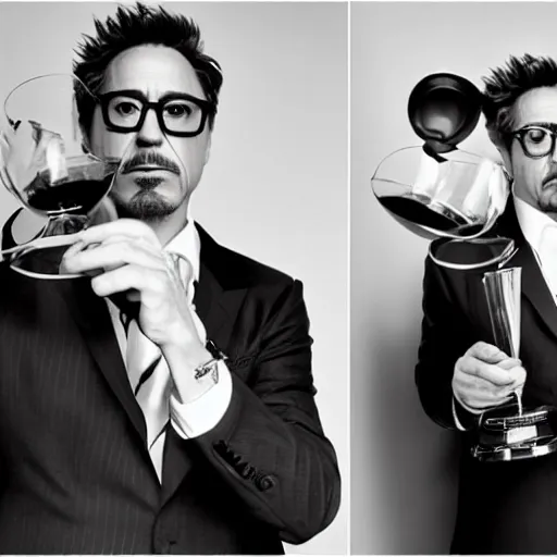 Prompt: robert downey jr. holding a glass trophy, wearing glasses and suit, black and white photoshoot,