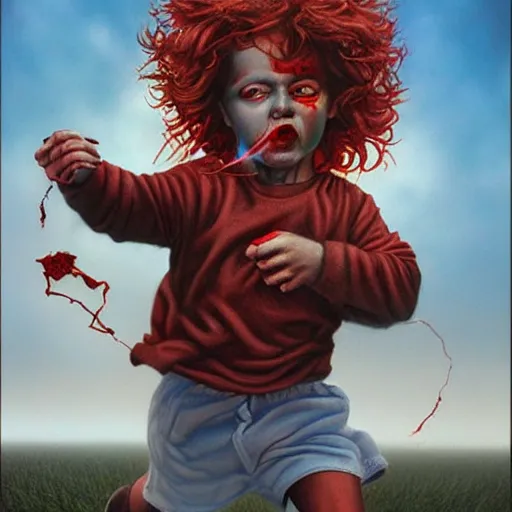 Prompt: a running child turning into vapor, mist, smoke, blood, scissors in hand, a detailed matter painting by Jason Edmiston